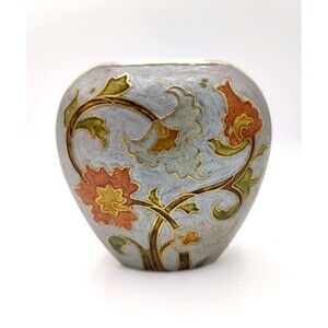 Vintage Brass and Enamel Floral Flowers Vase With Oval Opening - Made in India